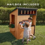 Light Brown Wooden Outdoor Playhouse – Backyard Kids Cottage with Windows, Door & Activity Features - Image 2