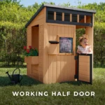 Light Brown Wooden Outdoor Playhouse – Backyard Kids Cottage with Windows, Door & Activity Features - Image 4