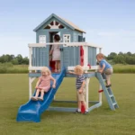 Kids Outdoor Playhouse with Slide – Elevated Blue Playhouse with Ladder & Balcony