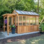 Cedar Wood Greenhouse with Polycarbonate Panels – Outdoor Garden Shed with Gable Roof & Pergola Entry